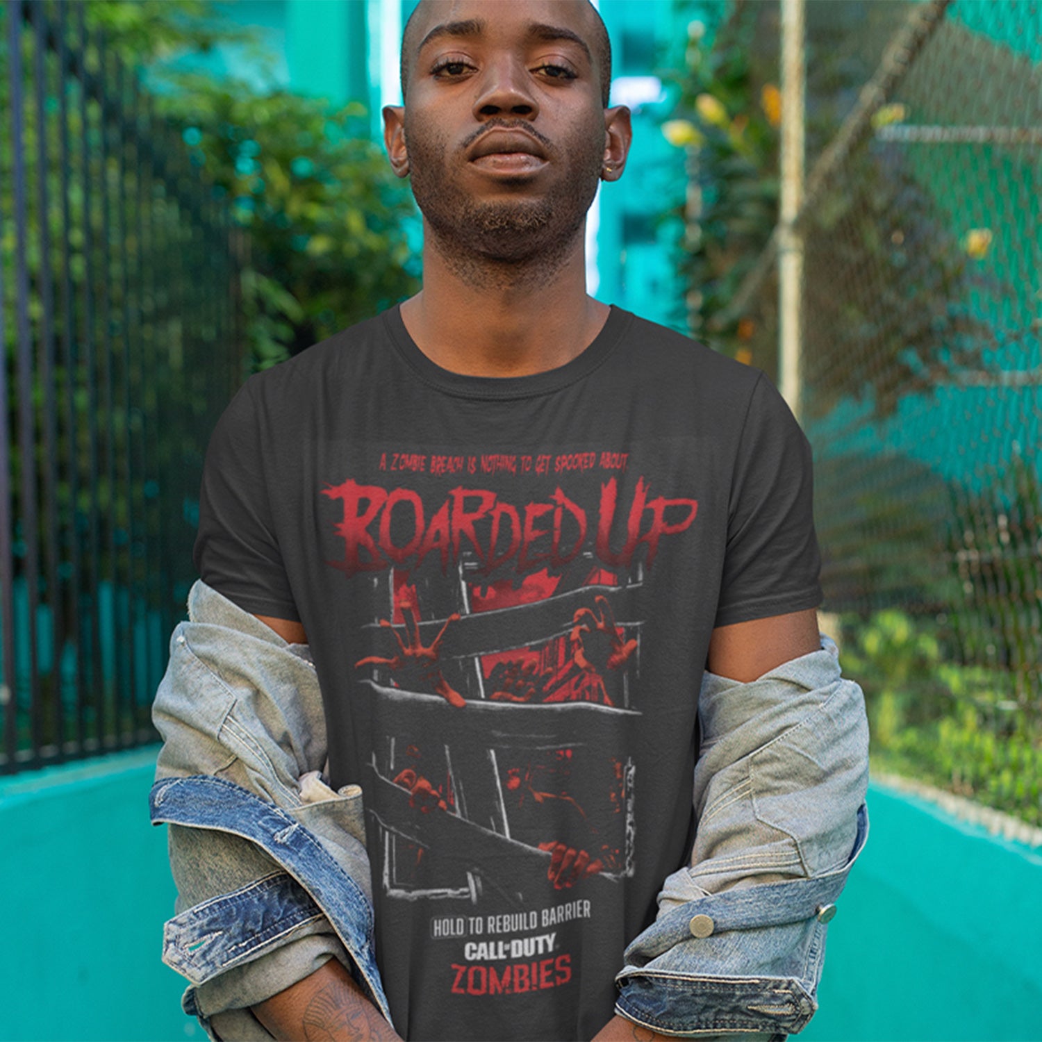 Call of Duty Boarded Up Black T-Shirt - Front View on Model