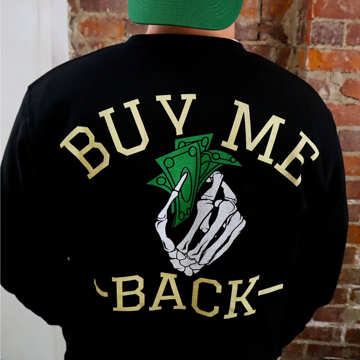 Call of Duty Buy Me Back Black Crewneck Sweatshirt - Close Up View on Model Back View