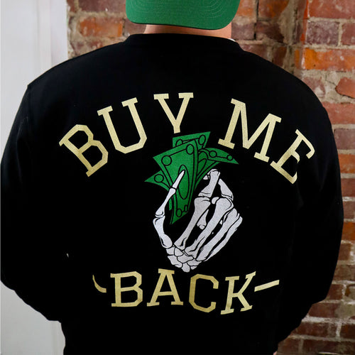 Call of Duty Buy Me Back Black Crewneck Sweatshirt - Close Up View on Model Back View