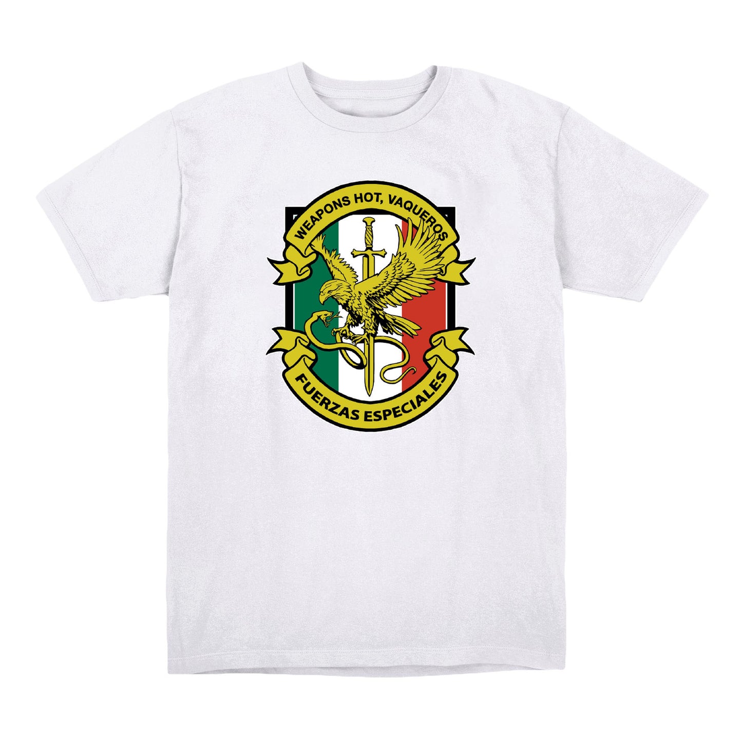 Call of Duty Weapons Hot Vaqueros White T-Shirt - Front View with Hot Vaqueros Design